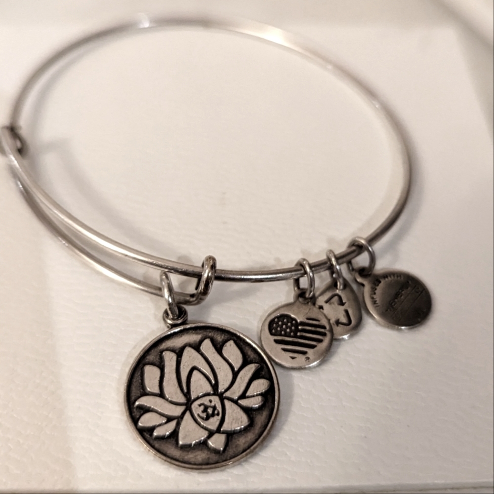 ALEX AND ANI Lotus Om Embossed Charm Bangle, Silver